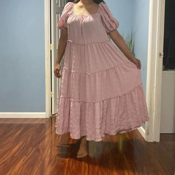 LuLu’s Tiers My Dear Blush Puff Sleeve Tiered Maxi Dress Small Cottagecore Boho - Picture 3 of 7